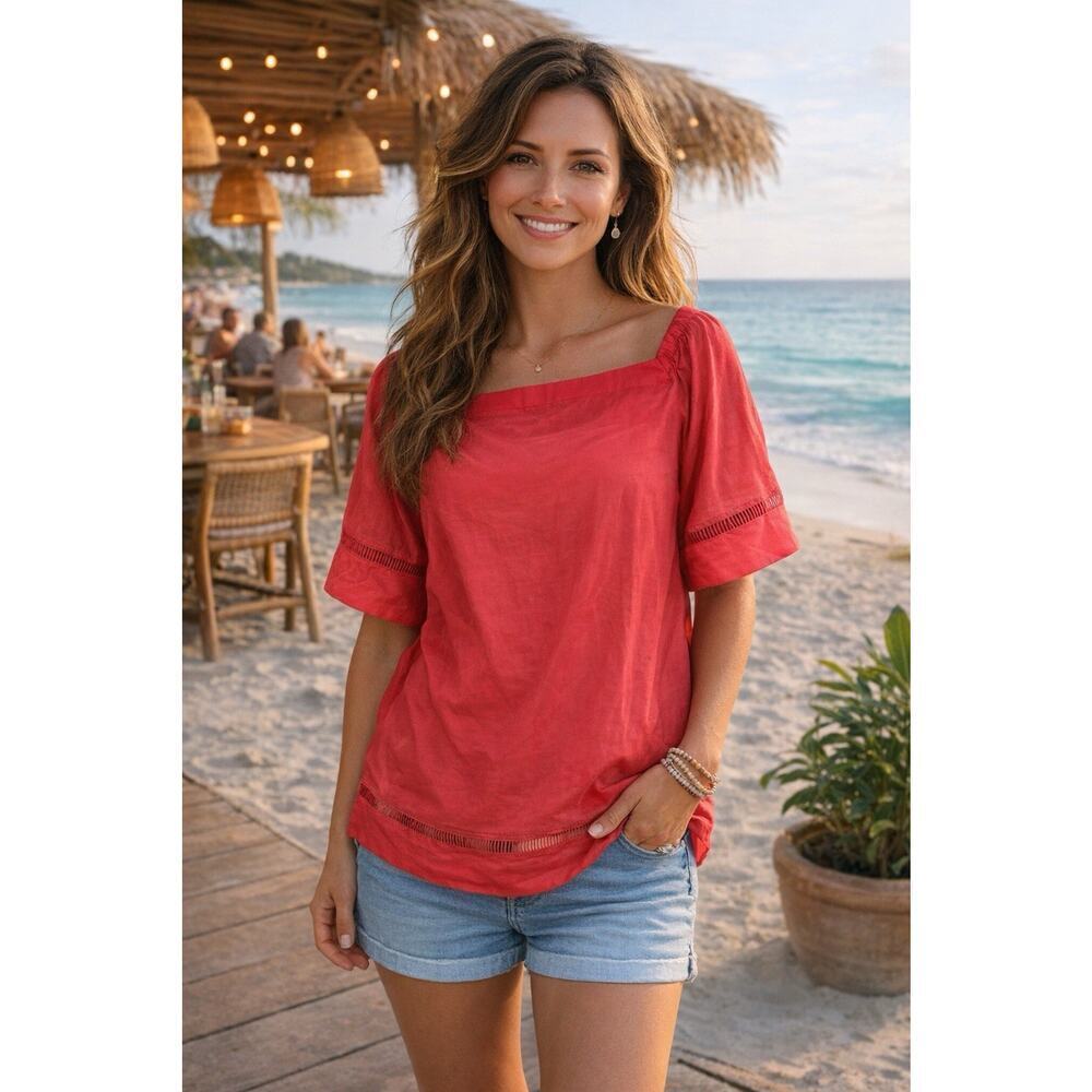 Lauren Ralph Lauren Silk Blend Top Small Red Nautical Old Money Beach Preppy